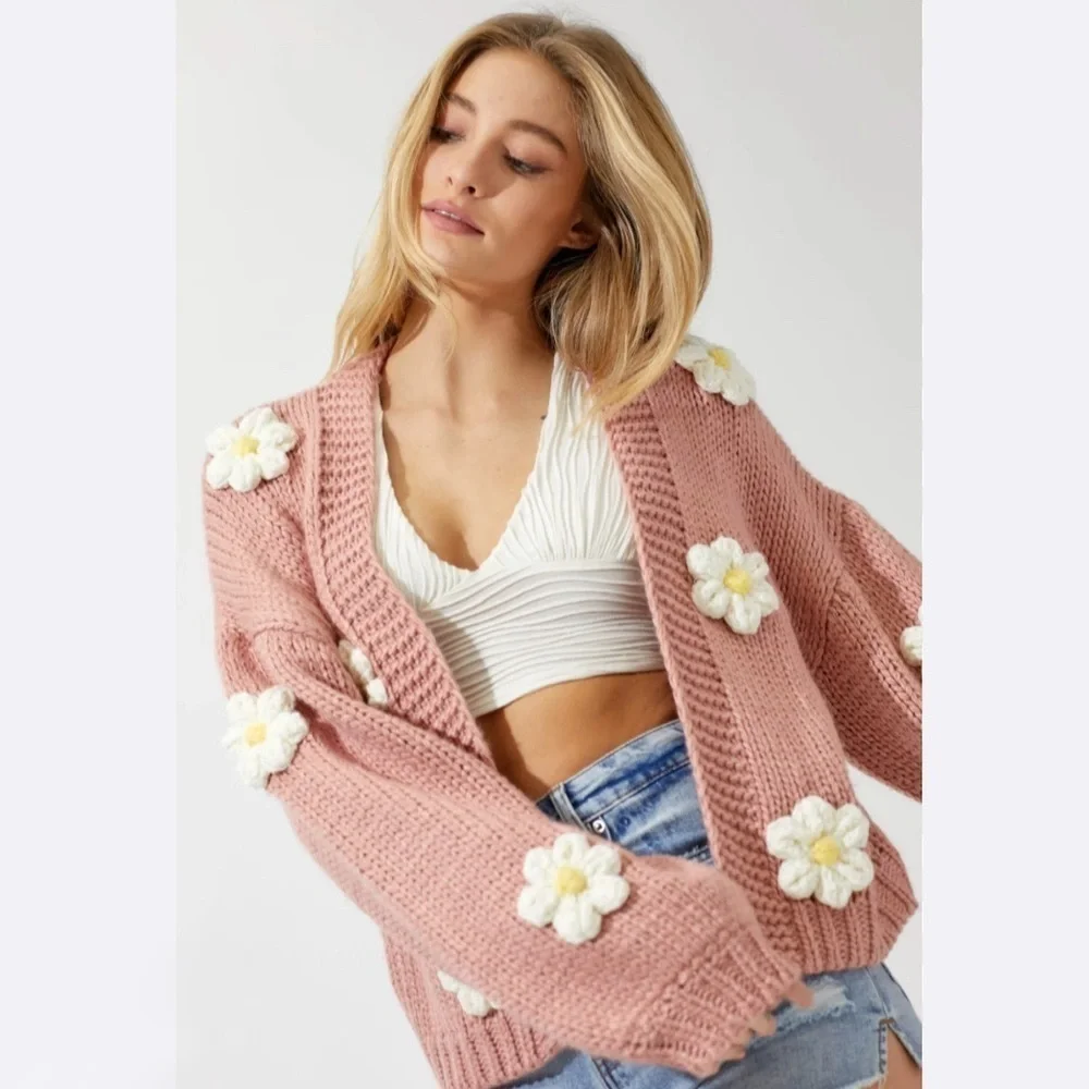 Baevely Daisy Cardigan Open Front Bubble Sleeve Floral Sweater Dusty Mauve Small